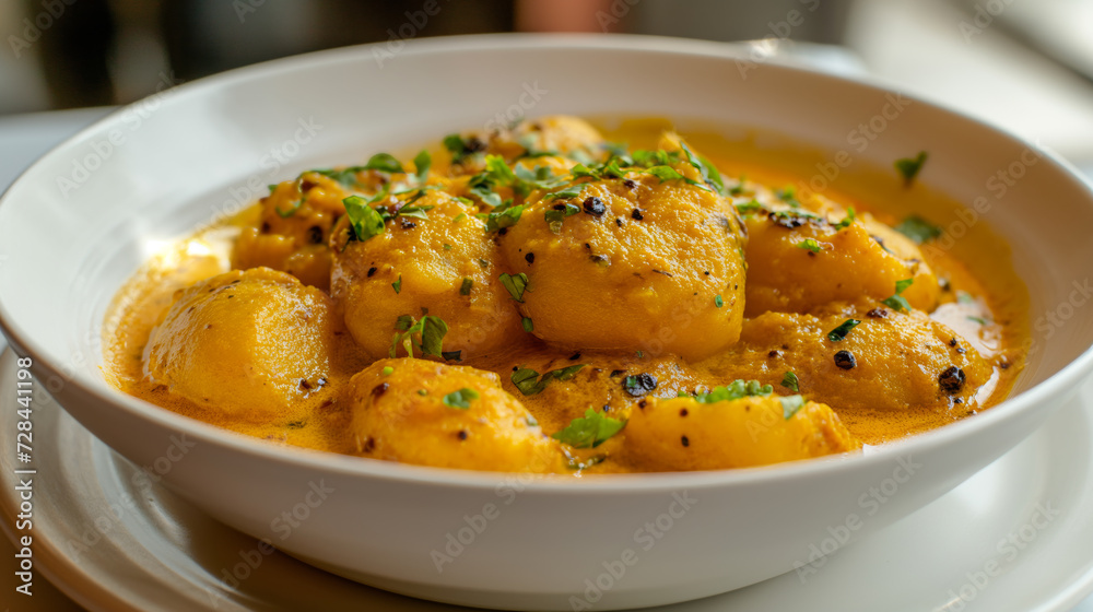 Savor the exquisite taste of Kashmiri Aloo in a sophisticated restaurant setting