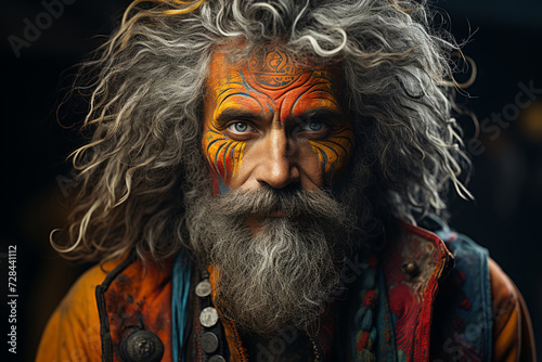 middle aged bearded hippie man with colorful painted makeup, close up
