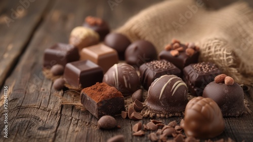 Handmade natural chocolate candies showcased on a wooden background.