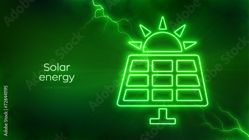 Solar energy. Solar PV panel power plant station icon with energy glow. Renewable sustainable photovoltaic solar park energy generation concept. Electrical discharge effects. Vector illustration.