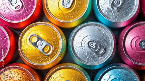 A group of colorful aluminum cans of beverage, top view. photo