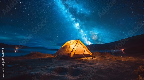 tent camp with campfire on the forest with beautiful night sky milkyway