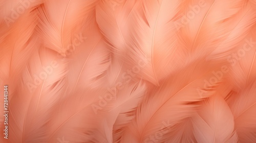 Feathers in a peach fuzz color as a background. Top view.