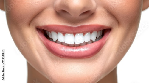 Perfect healthy teeth smile of a woman isolated on a white background.