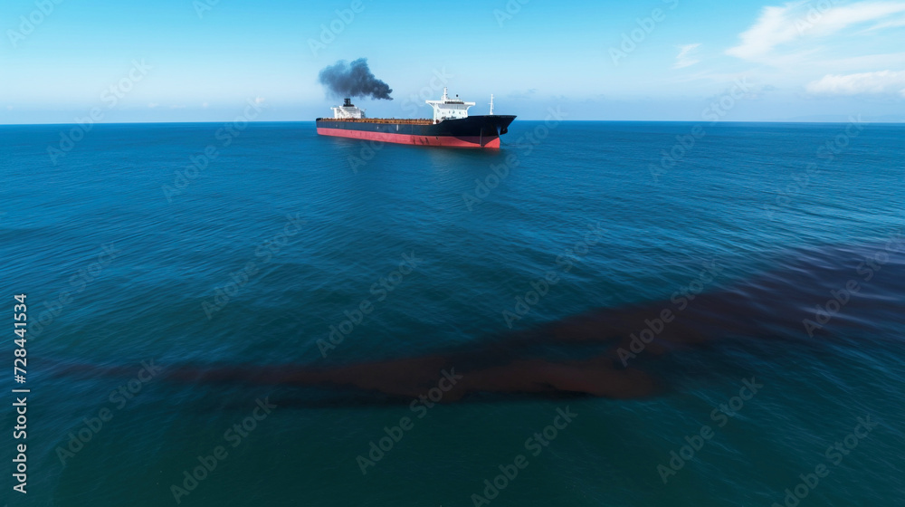Fototapeta premium Ecological disaster, oil spill in ocean near tanker, top view. Commercial delivery. AI generated.