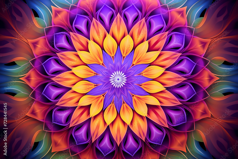 Obraz premium Psychedelic mandala fractal pattern, vibrant, neon, vintage decorative element