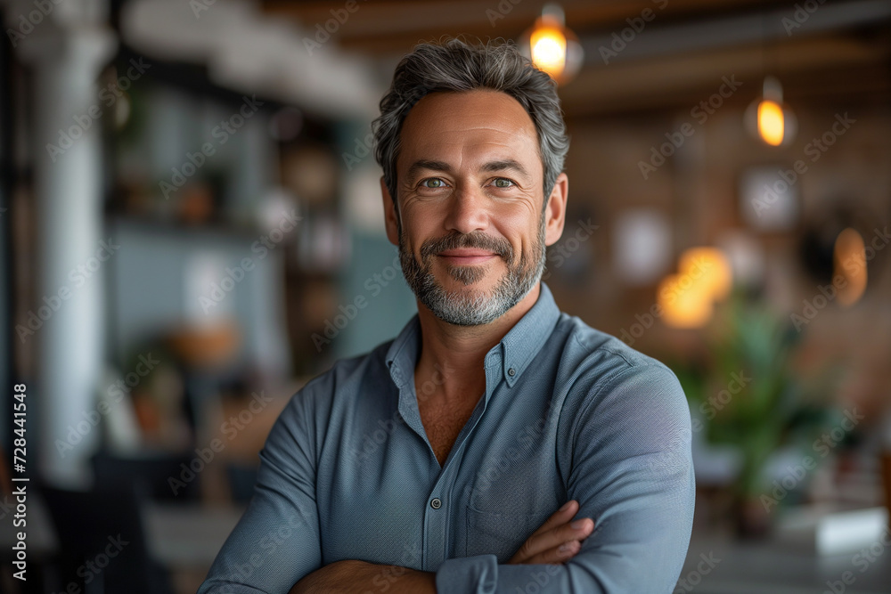 Fototapeta premium Portrait of confident mature businessman standing with arms crossed in coffeeshop