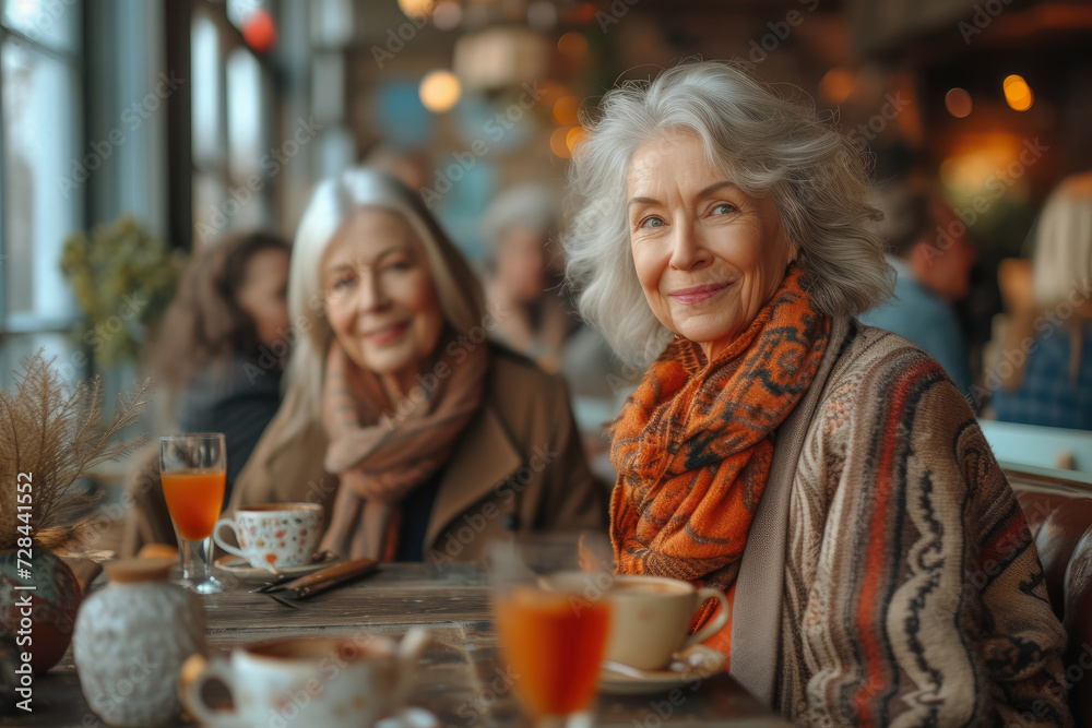 Happy senior friends talking and laughing in coffee shop, Senior woman meeting at cafe restaurant Happy senior friends talking and laughing in coffee shop, Senior woman meeting at cafe restaurant