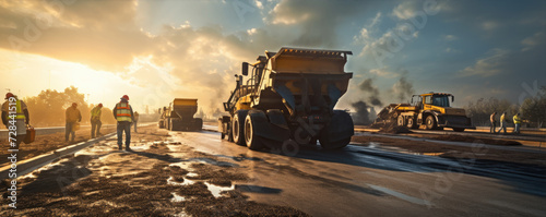 Road Construction. Road Workers making new asphalt with Construction machines. Construction Machinery on the Construction Site photo