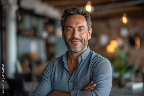 Portrait of confident mature businessman standing with arms crossed in coffeeshop