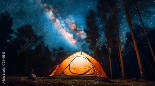 tent camp with campfire on the forest with beautiful night sky milkyway © Almultazam