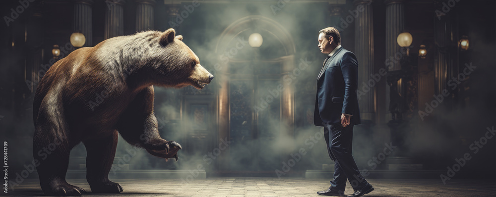 Businessman in suit versus big brown bear. Bearish market concept - obrazy, fototapety, plakaty 