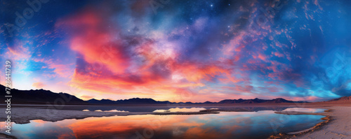 Beautiful colored clouds over the amazing mountain lake. Red and blue sky effect. © Daniela