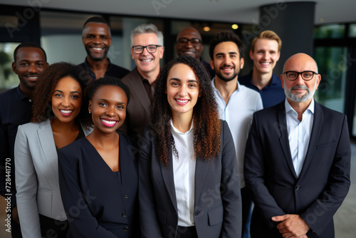Portrait of successful multiethnic group of business people at modern office looking at camera. Portrait of happy businessmen and satisfied businesswomen standing as a team. photo