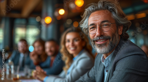 Portrait of smiling senior businessman sitting at table with colleagues in background © missty