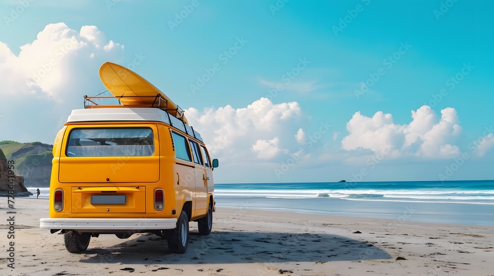 Camper surf van with surfboards on tropical beach background. Yellow retro bus, view from behind, copy space. Camper surf van with surfboards on tropical beach background. Yellow retro bus, view from behind, copy space.