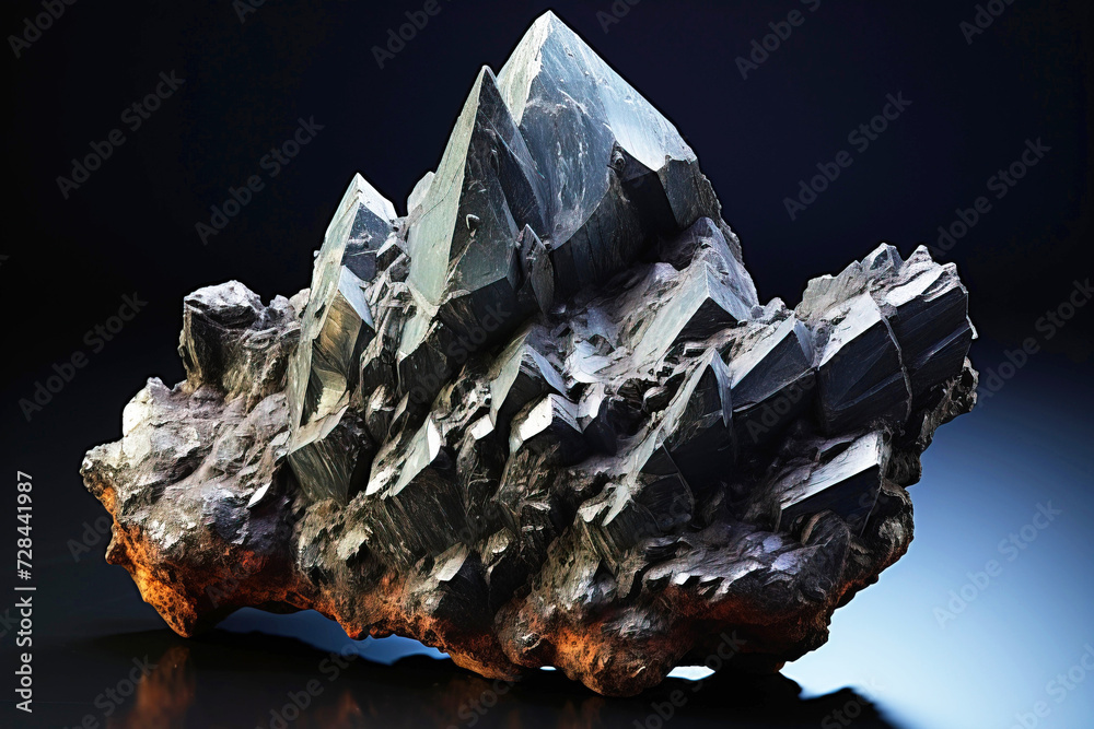 Acanthite is a rare precious natural stone on a black background. AI generated. Header banner mockup with space.