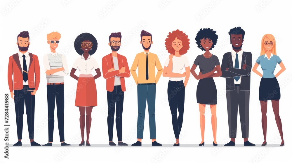 
A team of office employees, cheerful men, and women working together in a company. They stand in a row, showcasing teamwork. Cartoon flat vector illustration.