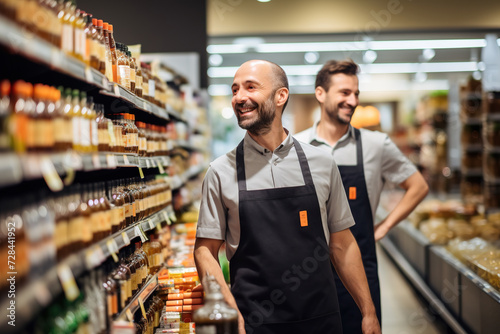 Happy employees putting products on shelves in supermarket.