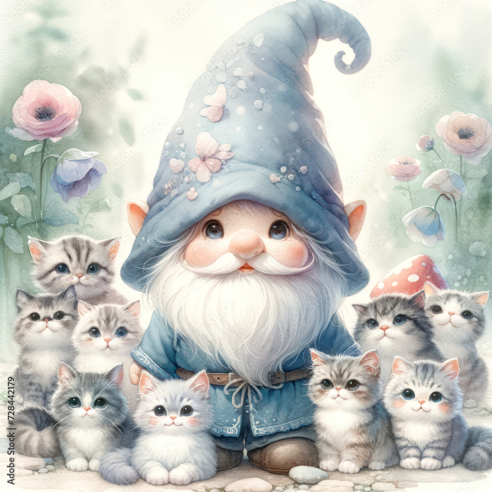watercolor cat gnome