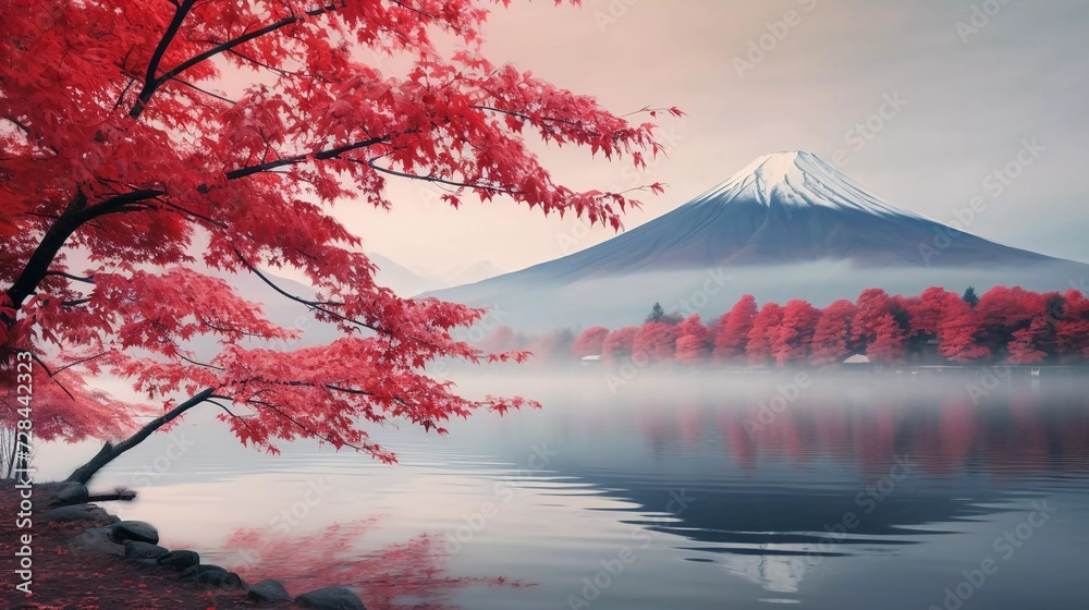 realistic photo of Colorful Autumn and Mount Fuji with morning mist and red leaves on the lake. generative ai