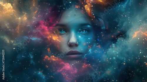  Beautiful fantasy abstract portrait of a beautiful woman double exposure with a colorful digital paint splash or space