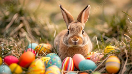 Cute rabbit bunny sitting on the meadow next to colorful easter eggs