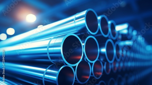 Metallurgical industry concept background with a stack of stainless steel pipes as a backdrop