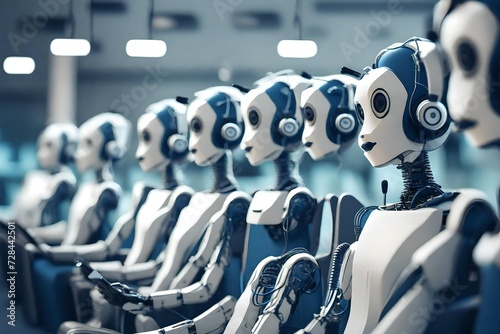 Wallpaper Mural background is blurr, Row of robots in call center working as operators answering customer calls.  Torontodigital.ca