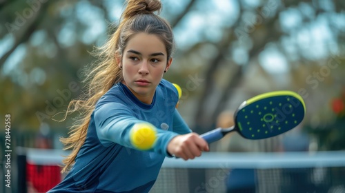 Portrait of a beautiful young woman playing tennis on the court.