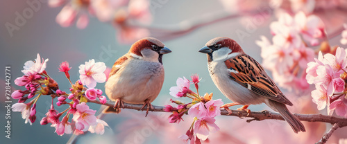 Small Sparrow in the Blooming Garden: A Cute Songbird Resting on a Green Tree Branch in a Sunny Spring Day