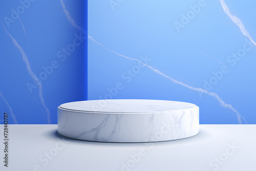 White Marble Podium 3D Render on Blue Background. Product Display Mockup