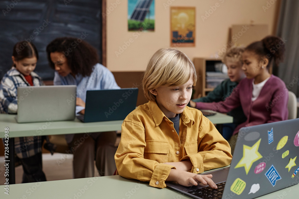 Fototapeta premium Portrait of blonde young boy using laptop computer in school classroom, copy space