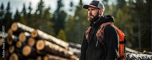 Lumberjack standing in front of wood pile in forest. Logger man