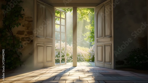 Serene morning light streaming through open french doors, inviting nature inside. peaceful, dreamy ambiance. AI