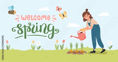 Woman with watering can. Female gardener watering plants in spring. Banner with lettering, illustartion in flat cartoon style