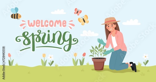 Woman taking care of plants. Female gardener in spring. Banner with lettering, illustartion in flat cartoon style