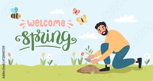 Man taking care of plants. Male gardener in spring. Banner with lettering, illustartion in flat cartoon style