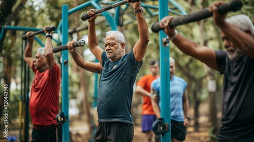 Senior and active men in sportswear exercising at outdoor gym in India