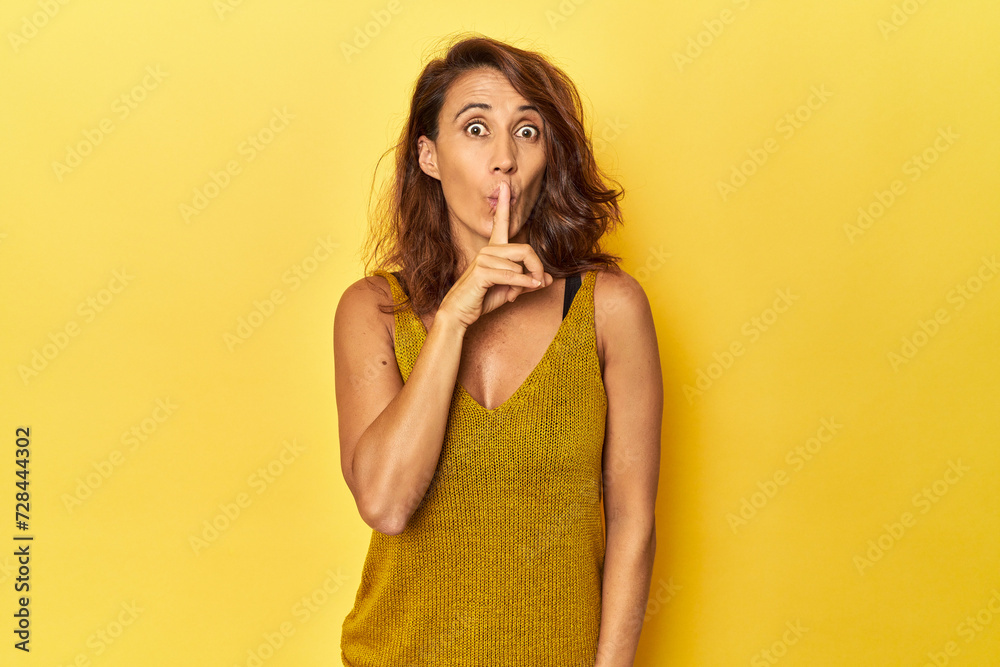 Middle-aged woman on a yellow backdrop keeping a secret or asking for silence. Middle-aged woman on a yellow backdrop keeping a secret or asking for silence.