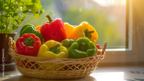 Fresh sweet peppers in a basket on the countertop.