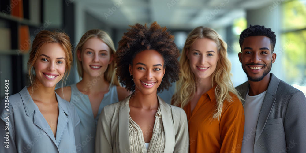 Portrait of successful group of business people at modern office looking at camera. Portrait of happy businessmen and satisfied businesswomen standing as a team. Multiethnic group of people smiling.