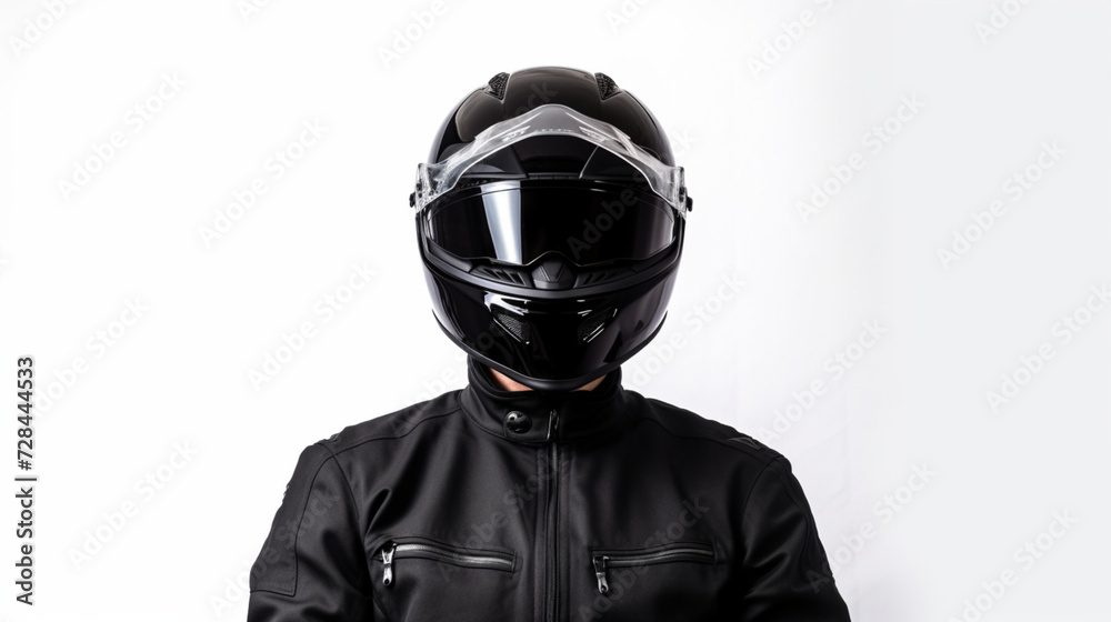 biker person male black helmet black jacket portrait white background ai visual concept