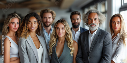 Portrait of successful group of business people at modern office looking at camera. Portrait of happy businessmen and satisfied businesswomen standing as a team. Multiethnic group of people smiling.
