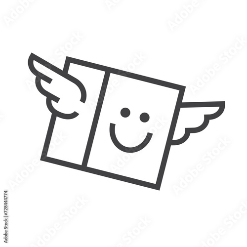 flying, smiling box logo with angel wings, fast delivery, dropshipping, vector line art icon