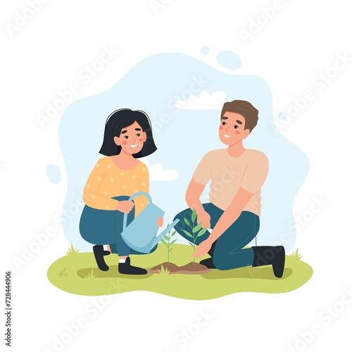 Couple gardening together. Man and Woman planting and watering plants in spring. Cute illustartion in flat cartoon style