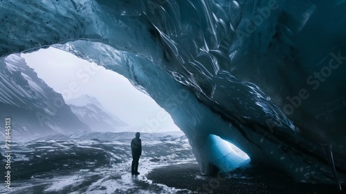 A man standing beneath an opening in the ice cave, walking beneath a glacier in Iceland © Elvin