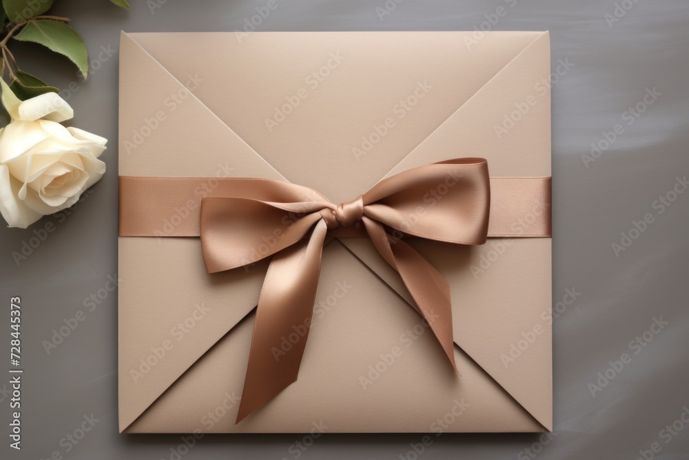 Blank gift card, envelope or voucher for wedding on gray background. View from above. Birthday. Valentines day. Blank gift card, envelope or voucher for wedding on gray background. View from above. Birthday. Valentines day.