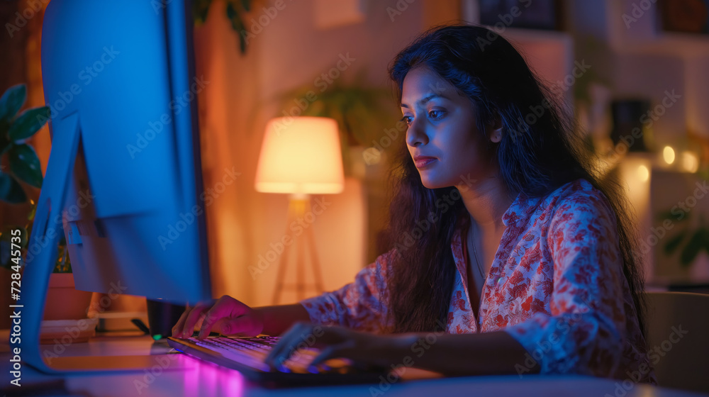 Fototapeta premium An urban Indian woman deeply engrossed in late-night computer work at her home office