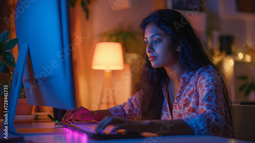 An urban Indian woman deeply engrossed in late-night computer work at her home office